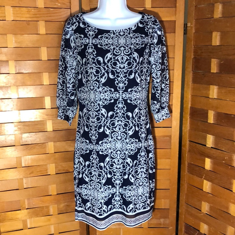 HAANI PETITE Sheer Arabesque Print Dress w/Lining